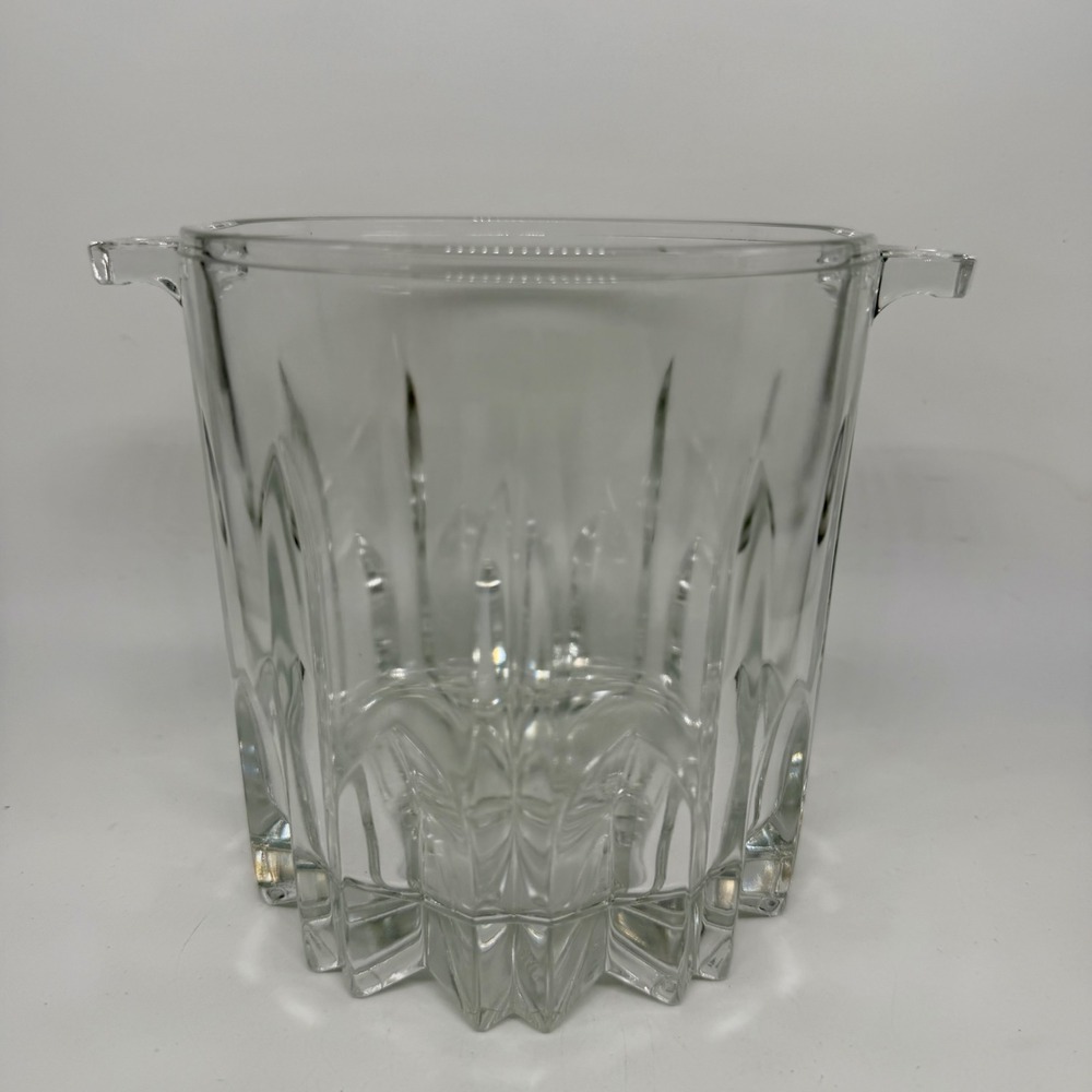 Italy Clear Glass Ice Bucket Heavy Panel Cut Starburst Base Vintage Barware